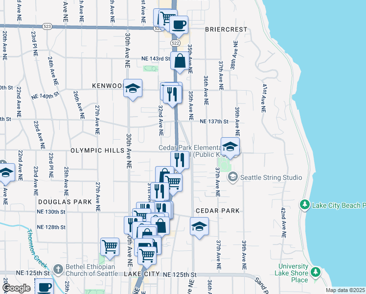 map of restaurants, bars, coffee shops, grocery stores, and more near 13524 Lake City Way Northeast in Seattle