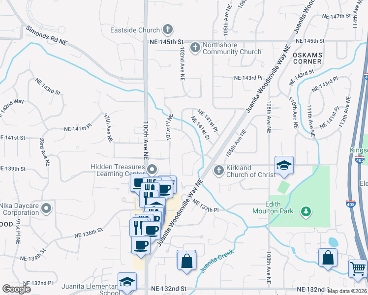 map of restaurants, bars, coffee shops, grocery stores, and more near 14051 102nd Court Northeast in Kirkland