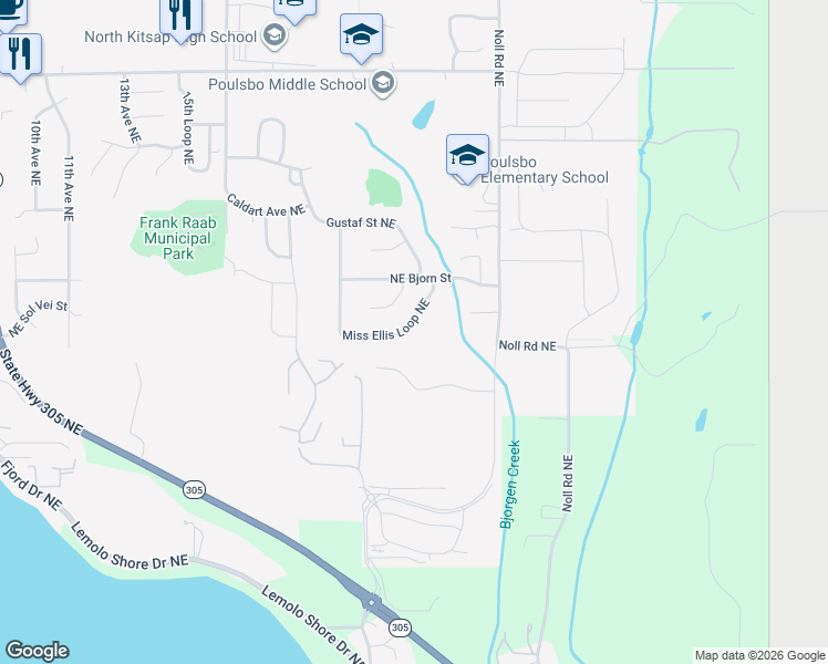map of restaurants, bars, coffee shops, grocery stores, and more near 2145 Miss Ellis Loop Northeast in Poulsbo