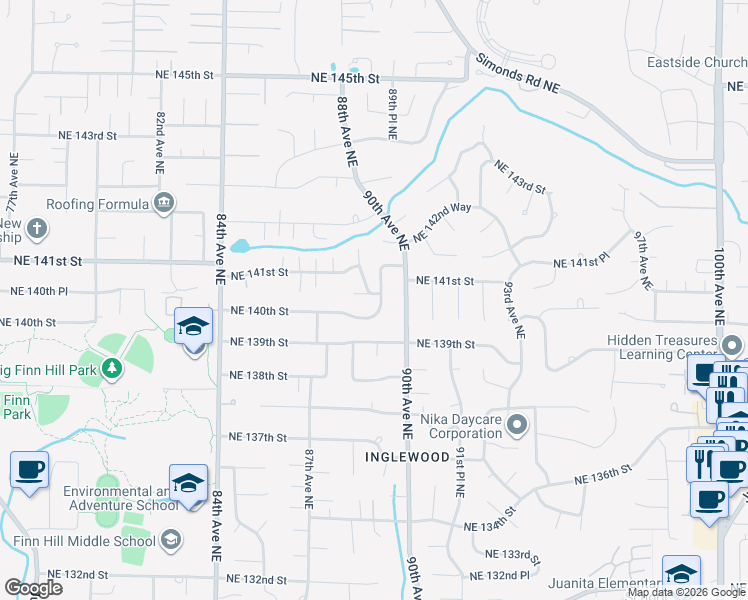 map of restaurants, bars, coffee shops, grocery stores, and more near 8765 Northeast 140th Place in Kirkland