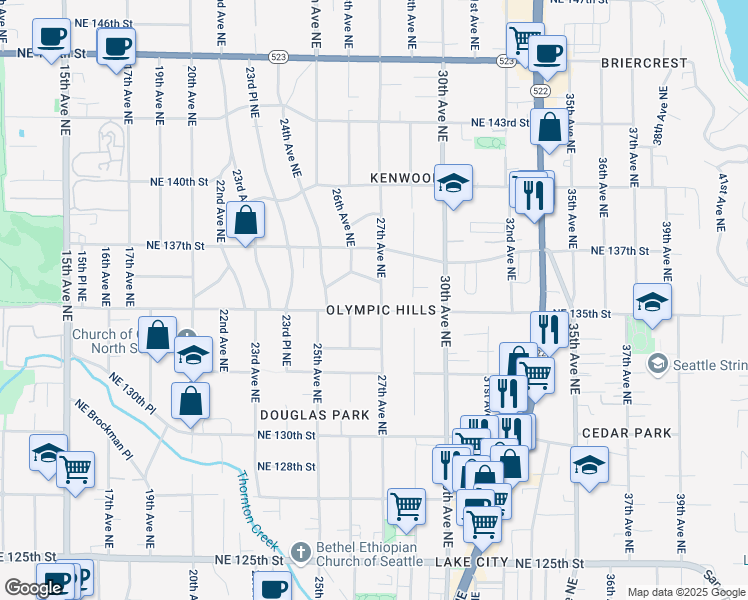 map of restaurants, bars, coffee shops, grocery stores, and more near 13515 27th Avenue Northeast in Seattle