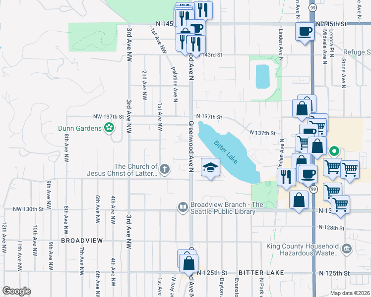 map of restaurants, bars, coffee shops, grocery stores, and more near 13433 Greenwood Avenue North in Seattle