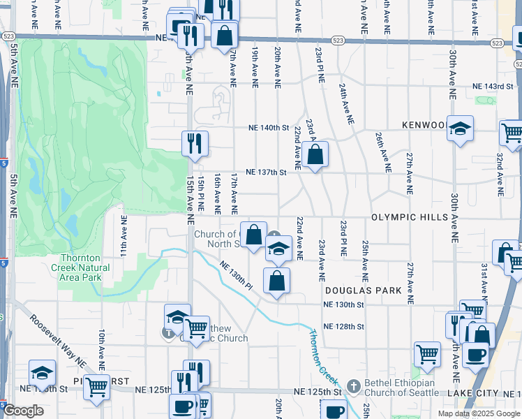map of restaurants, bars, coffee shops, grocery stores, and more near 1914 Northeast 135th Street in Seattle
