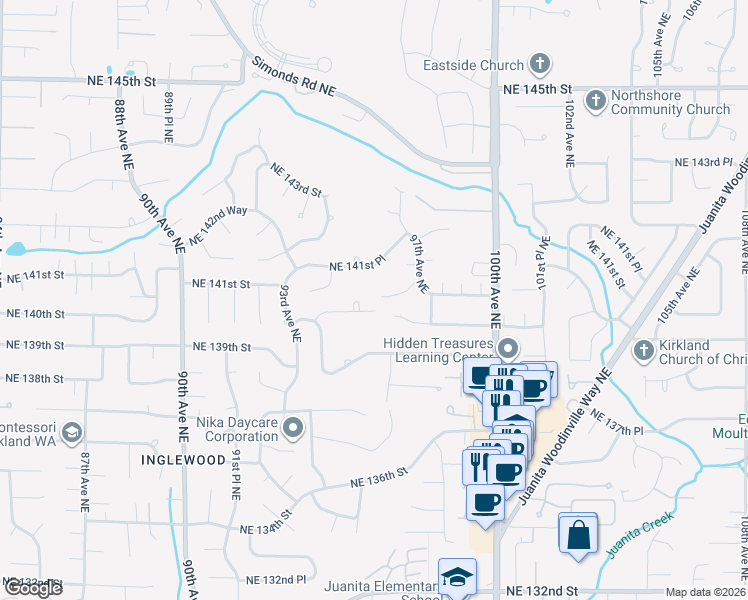 map of restaurants, bars, coffee shops, grocery stores, and more near 9605 Northeast 140th Court in Kirkland