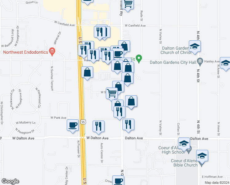 map of restaurants, bars, coffee shops, grocery stores, and more near 3755 North 4th Street in Coeur d'Alene