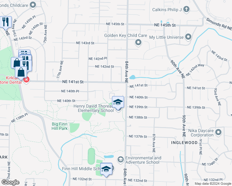 map of restaurants, bars, coffee shops, grocery stores, and more near 8340 Northeast 140th Street in Bothell