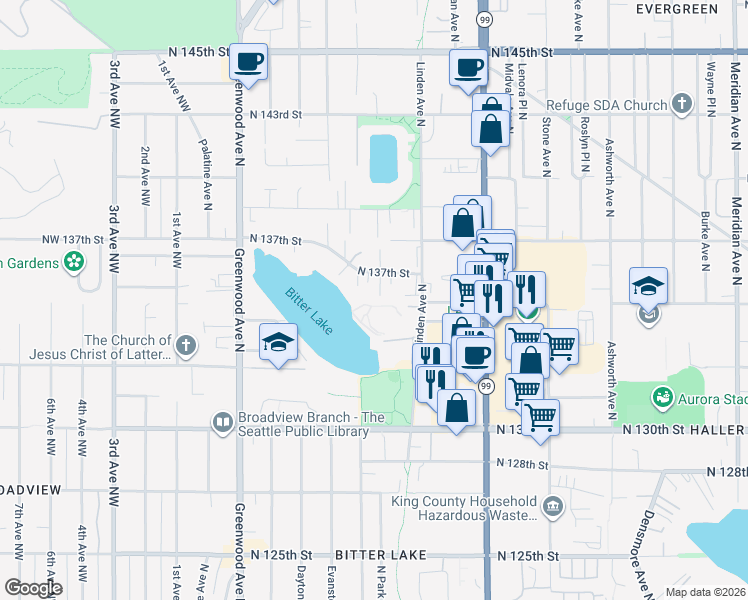map of restaurants, bars, coffee shops, grocery stores, and more near 13503 North Park Avenue North in Seattle