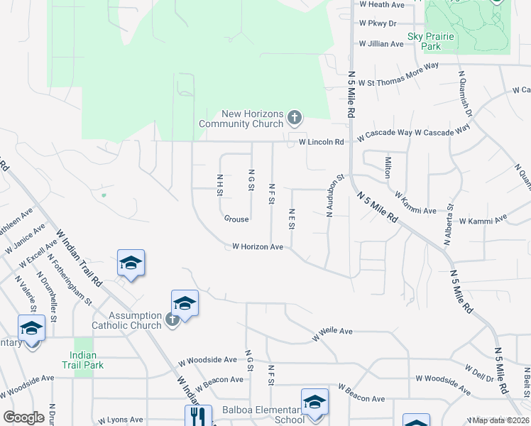 map of restaurants, bars, coffee shops, grocery stores, and more near 7525 North F Street in Spokane