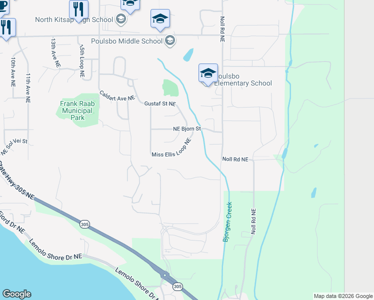 map of restaurants, bars, coffee shops, grocery stores, and more near 2145 Miss Ellis Loop Northeast in Poulsbo