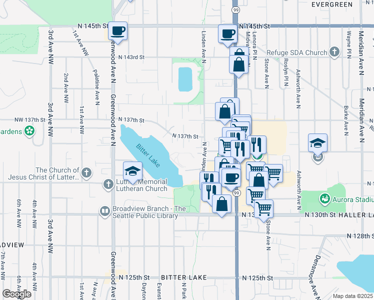 map of restaurants, bars, coffee shops, grocery stores, and more near 13502 North Park Avenue North in Seattle