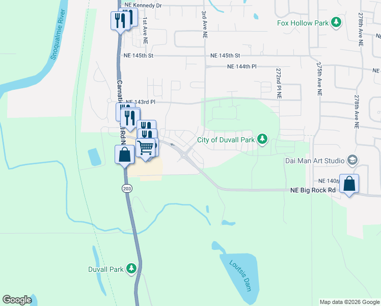 map of restaurants, bars, coffee shops, grocery stores, and more near 14002 3rd Avenue Northeast in Duvall