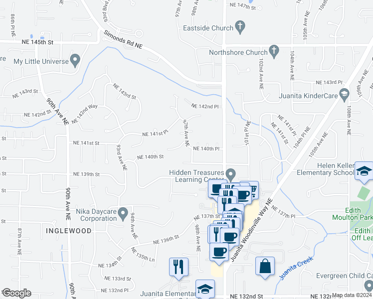 map of restaurants, bars, coffee shops, grocery stores, and more near 14027 97th Avenue Northeast in Kirkland