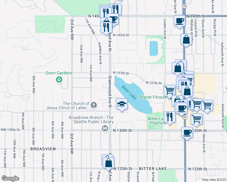 map of restaurants, bars, coffee shops, grocery stores, and more near 13416 Greenwood Avenue North in Seattle