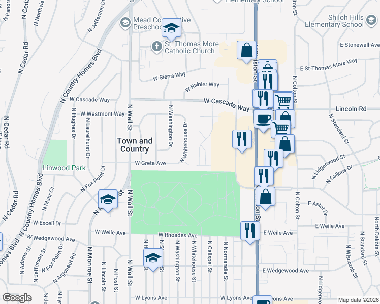 map of restaurants, bars, coffee shops, grocery stores, and more near 7604 N Whitehouse Dr in Spokane