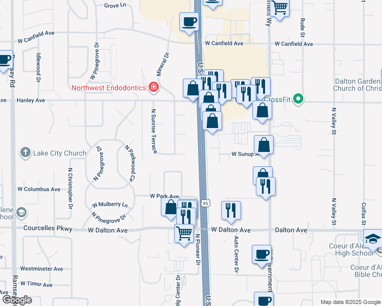 map of restaurants, bars, coffee shops, grocery stores, and more near 500 West Horizon Court in Coeur d'Alene