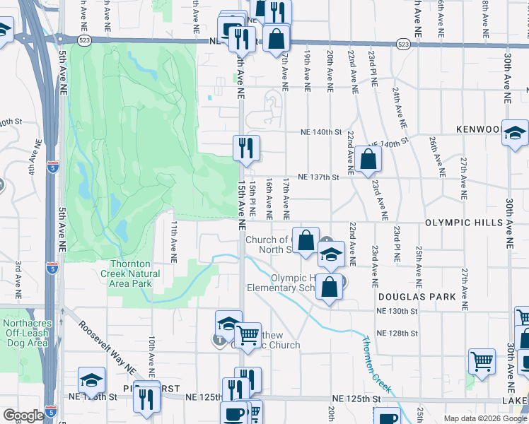 map of restaurants, bars, coffee shops, grocery stores, and more near 13512 15th Place Northeast in Seattle