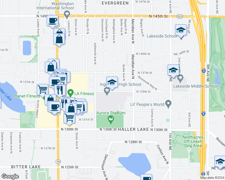 map of restaurants, bars, coffee shops, grocery stores, and more near 13503 Wallingford Avenue North in Seattle