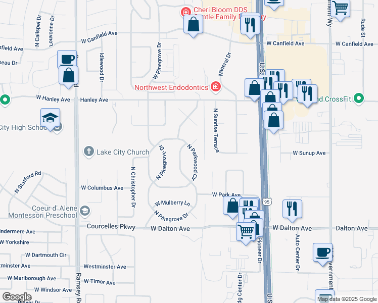 map of restaurants, bars, coffee shops, grocery stores, and more near 5403 North Parkwood Circle in Coeur d'Alene