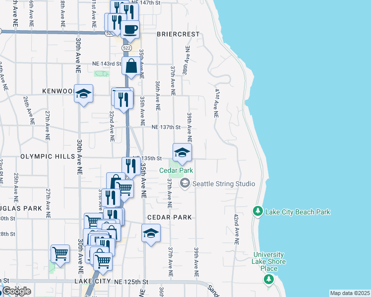 map of restaurants, bars, coffee shops, grocery stores, and more near 13517 39th Avenue Northeast in Seattle