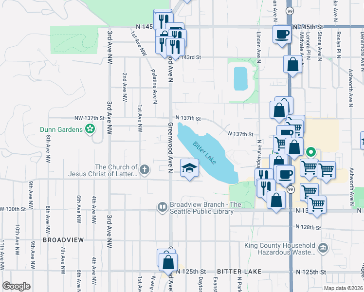 map of restaurants, bars, coffee shops, grocery stores, and more near 13426 Greenwood Avenue North in Seattle