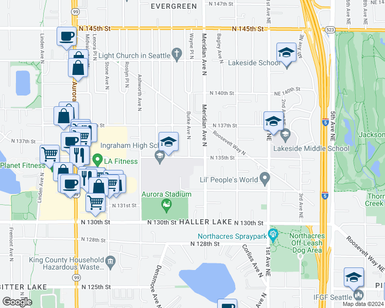 map of restaurants, bars, coffee shops, grocery stores, and more near 1900 North 135th Street in Seattle