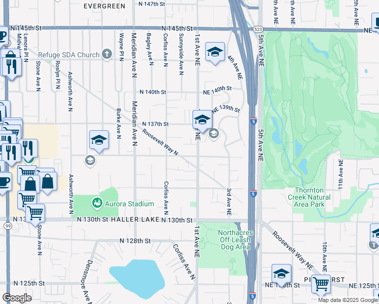 map of restaurants, bars, coffee shops, grocery stores, and more near 2342 North 135th Street in Seattle