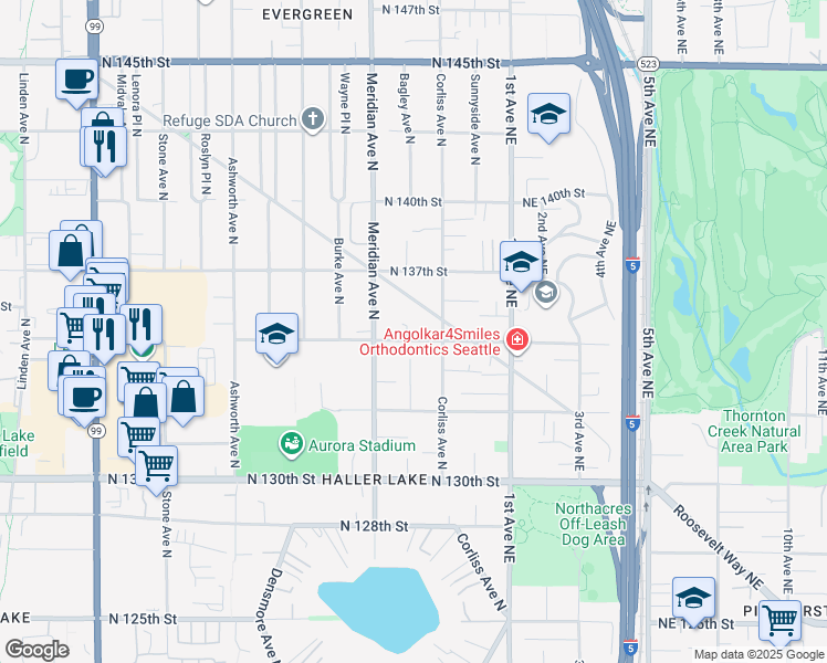 map of restaurants, bars, coffee shops, grocery stores, and more near 2138 North 135th Street in Seattle