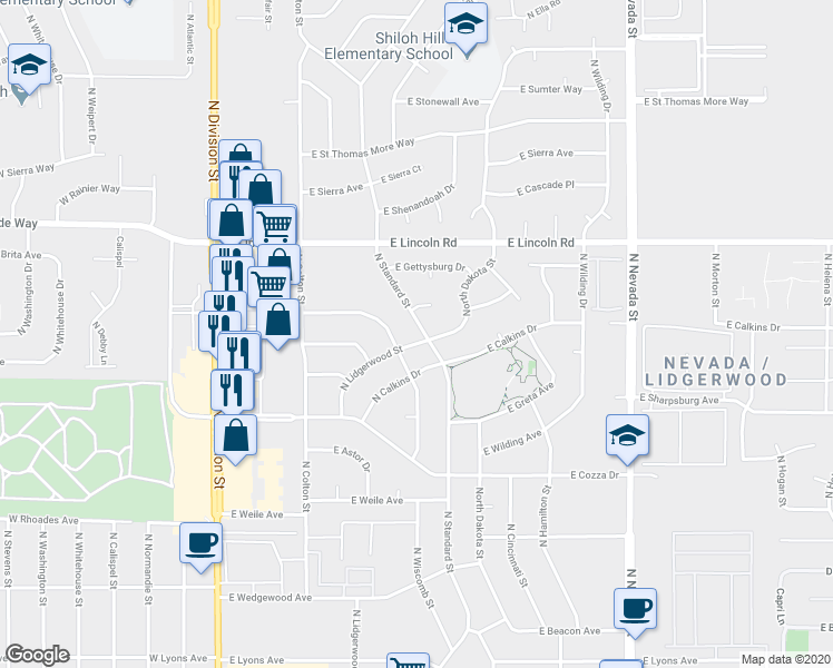 map of restaurants, bars, coffee shops, grocery stores, and more near 7523 North Lidgerwood Street in Spokane