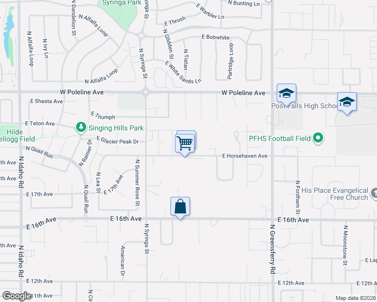 map of restaurants, bars, coffee shops, grocery stores, and more near 1631 East Horsehaven Avenue in Post Falls