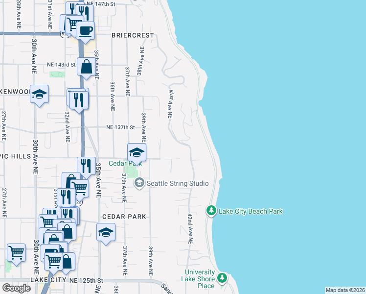 map of restaurants, bars, coffee shops, grocery stores, and more near 13517 42nd Avenue Northeast in Seattle