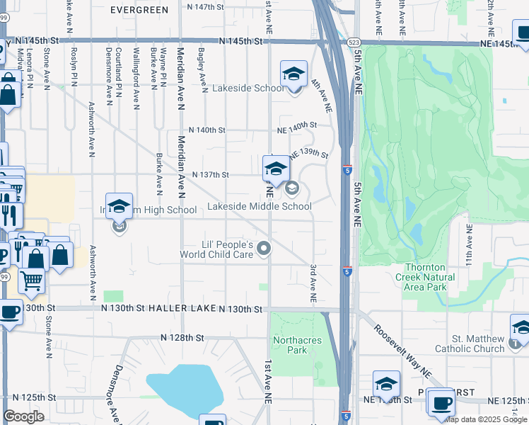 map of restaurants, bars, coffee shops, grocery stores, and more near 2342 North 135th Street in Seattle
