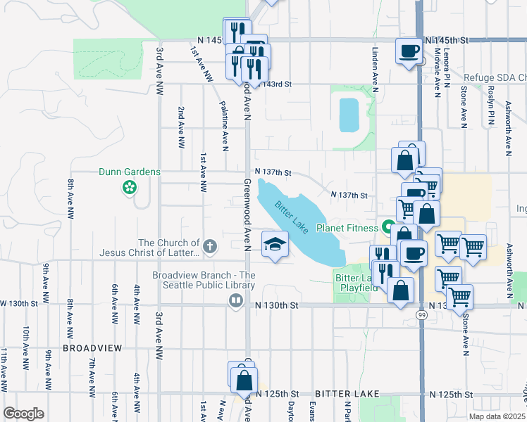 map of restaurants, bars, coffee shops, grocery stores, and more near 13416 Greenwood Avenue North in Seattle