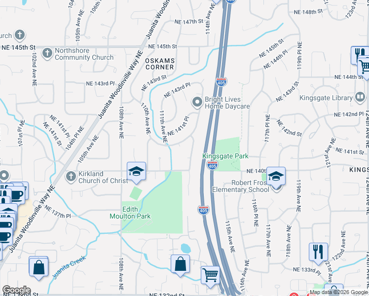 map of restaurants, bars, coffee shops, grocery stores, and more near 11201 Northeast 141st Street in Kirkland