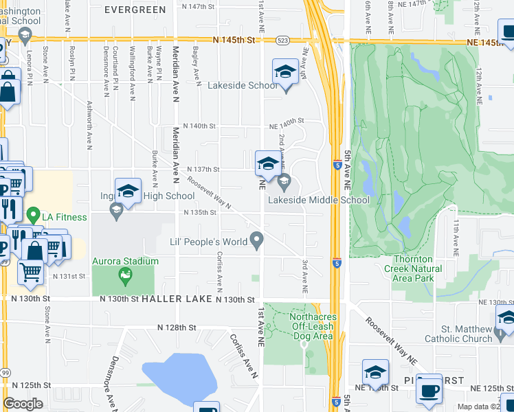 map of restaurants, bars, coffee shops, grocery stores, and more near 13507 1st Avenue Northeast in Seattle