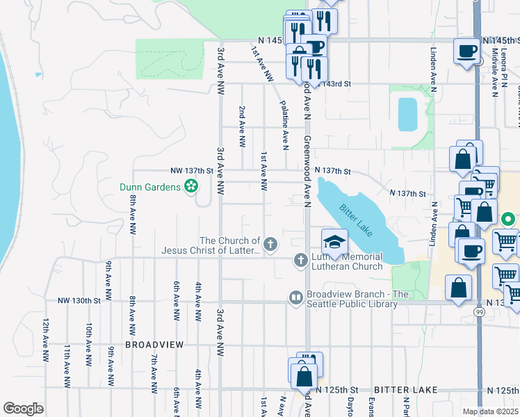 map of restaurants, bars, coffee shops, grocery stores, and more near 105 Northwest 135th Place in Seattle