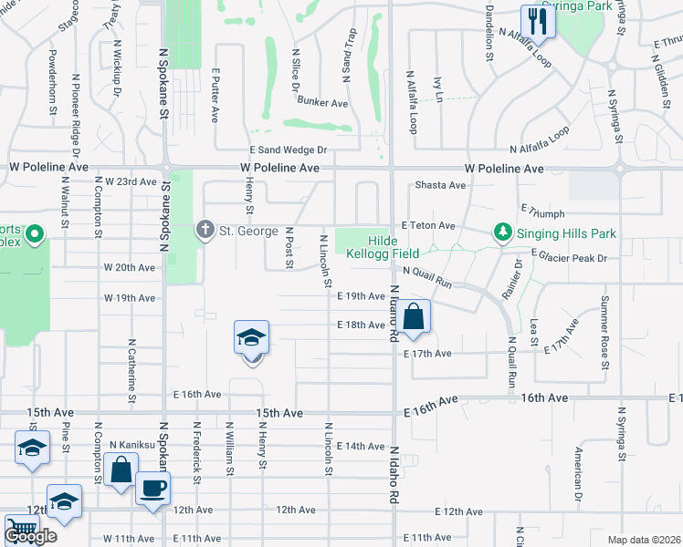 map of restaurants, bars, coffee shops, grocery stores, and more near 1922 North Lincoln Street in Post Falls
