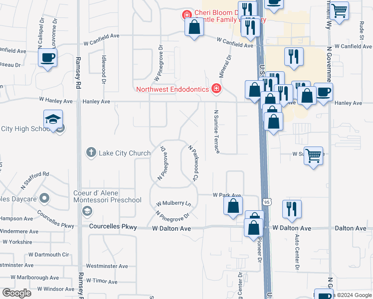 map of restaurants, bars, coffee shops, grocery stores, and more near 5403 North Parkwood Circle in Coeur d'Alene