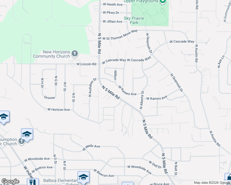 map of restaurants, bars, coffee shops, grocery stores, and more near 7502 North 5 Mile Road in Spokane
