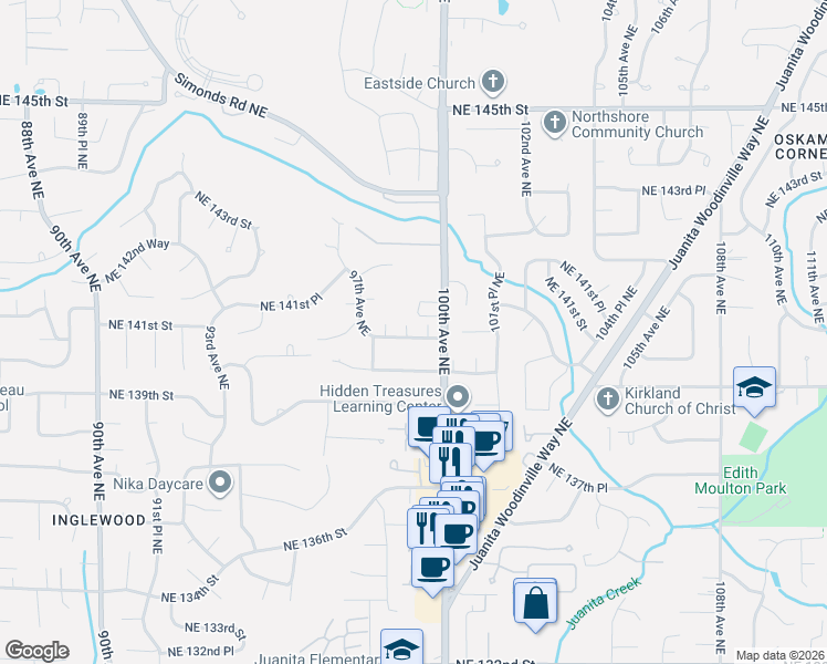 map of restaurants, bars, coffee shops, grocery stores, and more near 9823 Northeast 140th Place in Kirkland