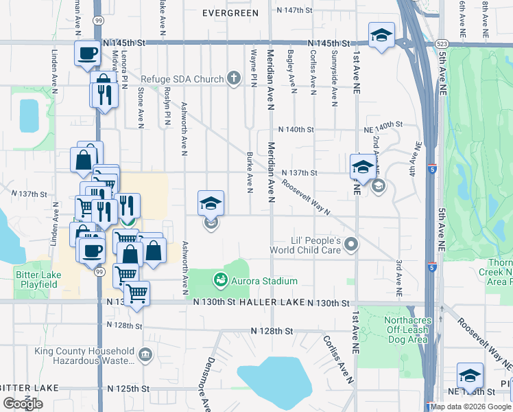 map of restaurants, bars, coffee shops, grocery stores, and more near 1900 North 135th Street in Seattle