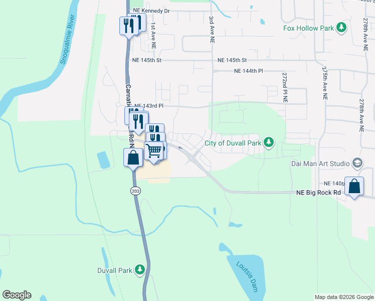 map of restaurants, bars, coffee shops, grocery stores, and more near 14002 3rd Avenue Northeast in Duvall