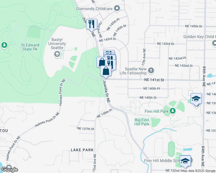 map of restaurants, bars, coffee shops, grocery stores, and more near 14036-14040 Juanita Drive Northeast in Kirkland