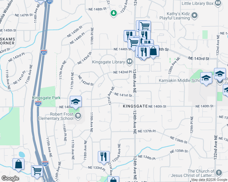 map of restaurants, bars, coffee shops, grocery stores, and more near 12120 Northeast 141st Street in Kirkland