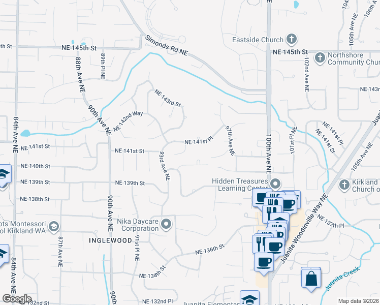 map of restaurants, bars, coffee shops, grocery stores, and more near 9506 Northeast 140th Street in Bothell