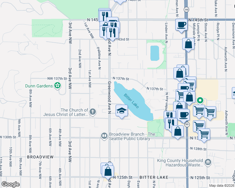 map of restaurants, bars, coffee shops, grocery stores, and more near 13416 Greenwood Avenue North in Seattle