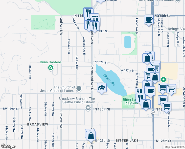map of restaurants, bars, coffee shops, grocery stores, and more near 13416 Greenwood Avenue North in Seattle