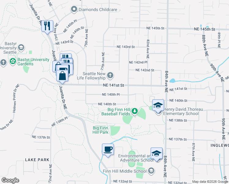 map of restaurants, bars, coffee shops, grocery stores, and more near 7817 Northeast 140th Place in Kirkland