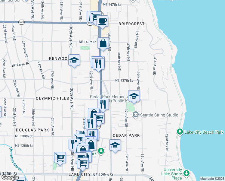 map of restaurants, bars, coffee shops, grocery stores, and more near 13526 35th Avenue Northeast in Seattle