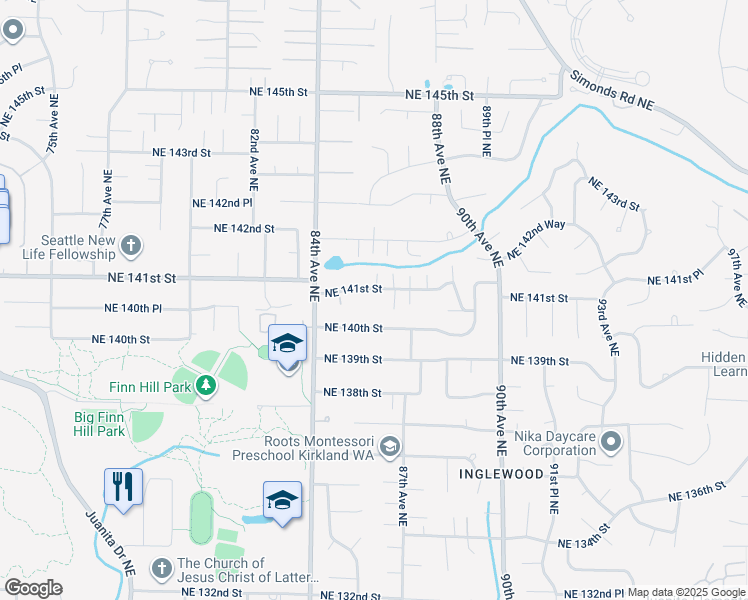 map of restaurants, bars, coffee shops, grocery stores, and more near 8607 Northeast 141st Street in Kirkland