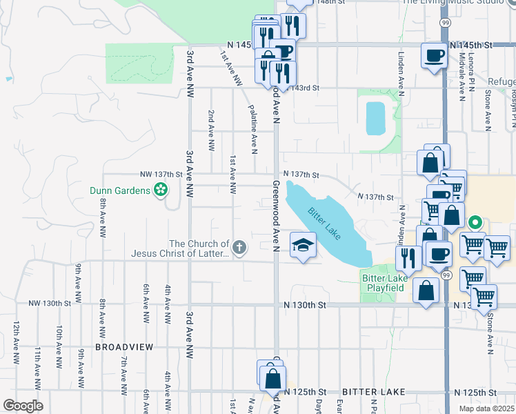 map of restaurants, bars, coffee shops, grocery stores, and more near 13435 Greenwood Avenue North in Seattle